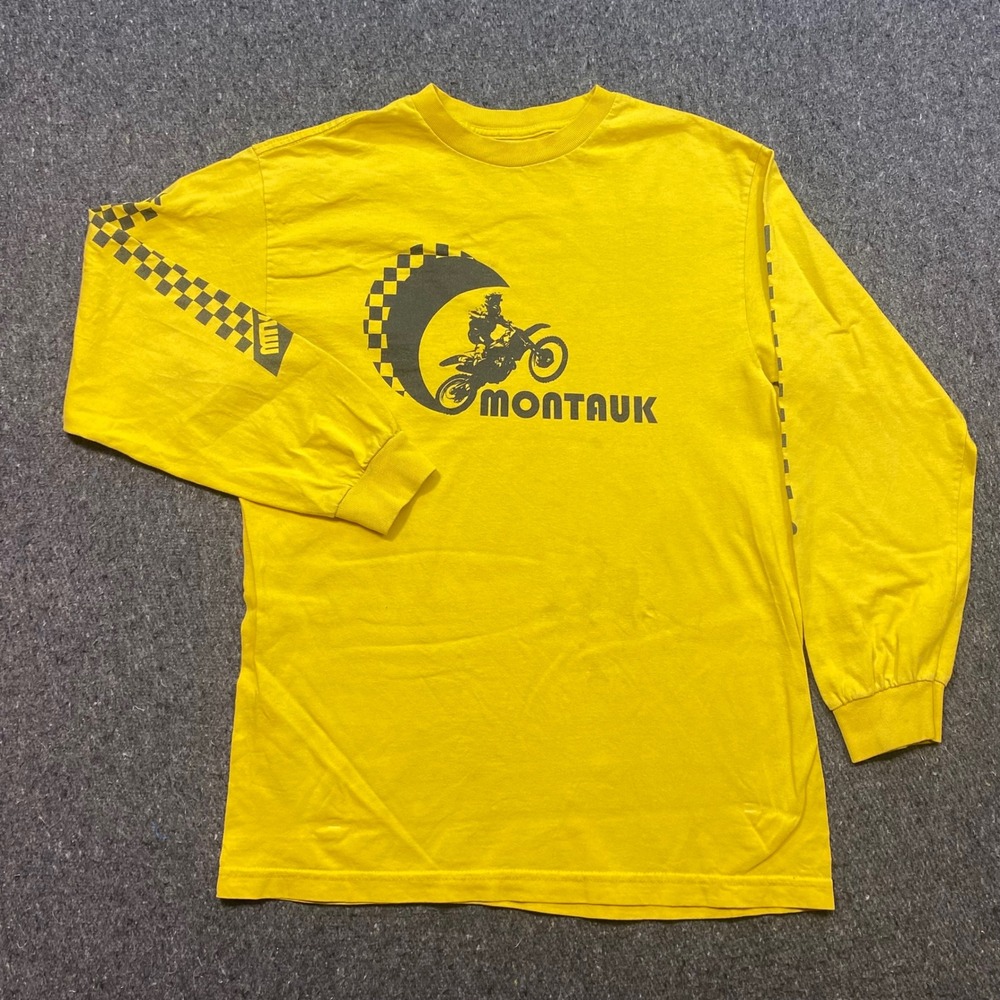 Montauk Motocross Graphic Shirt Sz M Mens Yellow Skater Retro Racing Long Sleeve